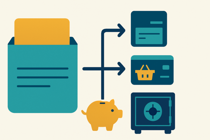 money system splitting salary into 4 accounts illustration